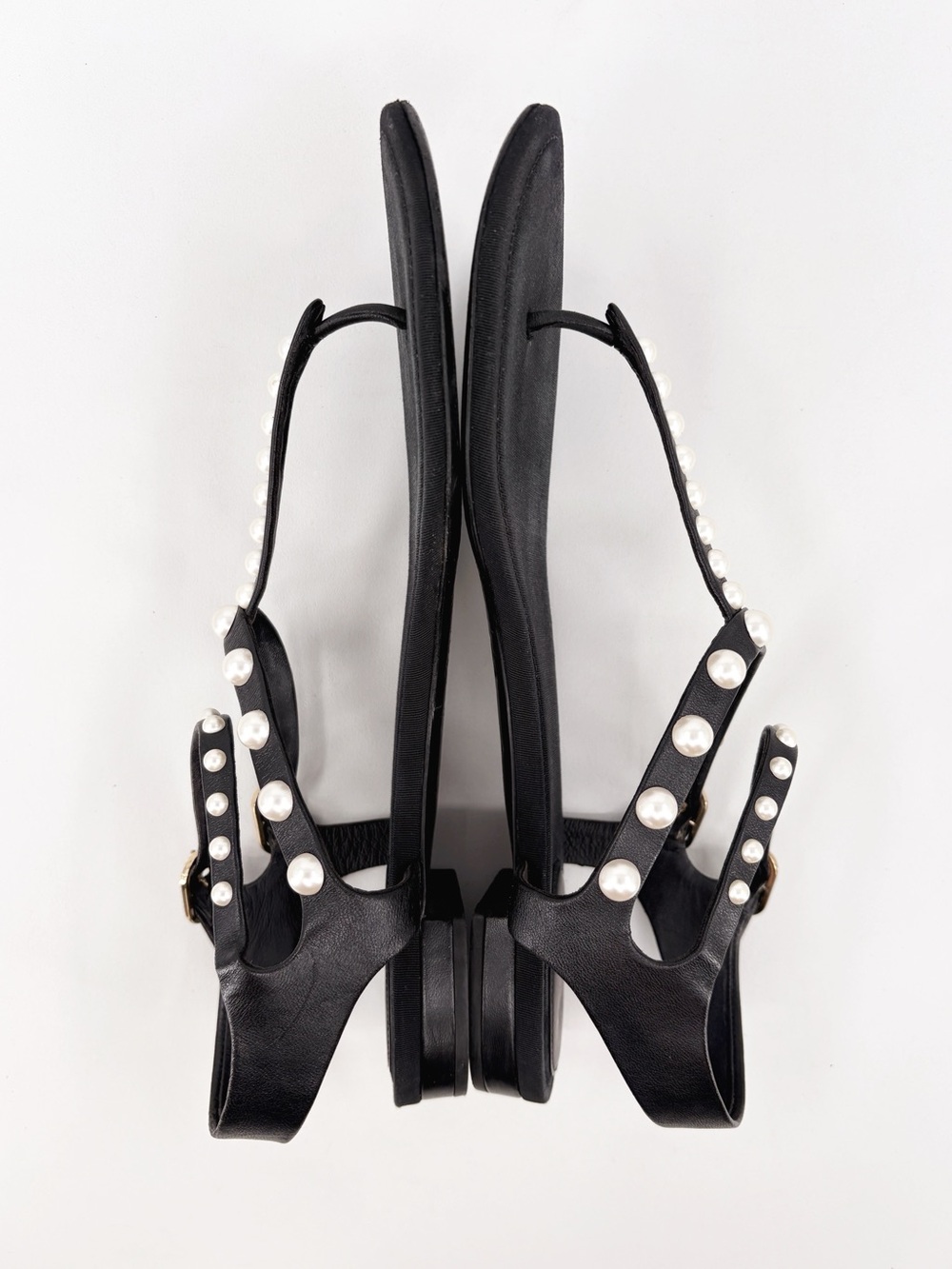 CHANEL Black Leather Pearl T-Strap Flat Thong Sandals 41 - Picture 9 of 15